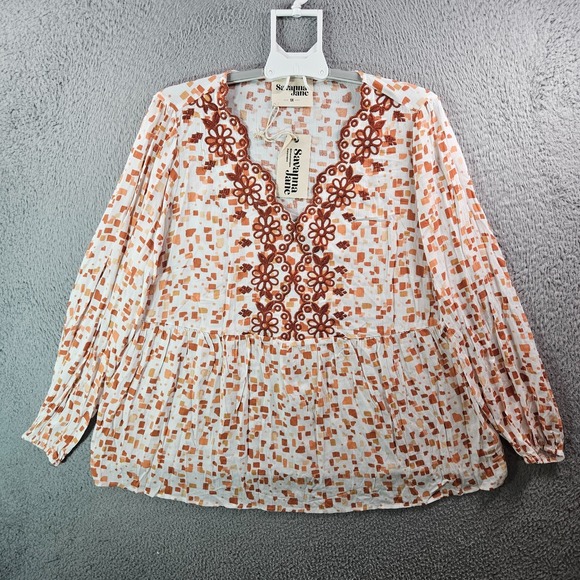 Savanna Jane Tops - NEW Savanna Jane Top‎ Blouse Women 1X Embroidered Long Sleeve White Red Brown